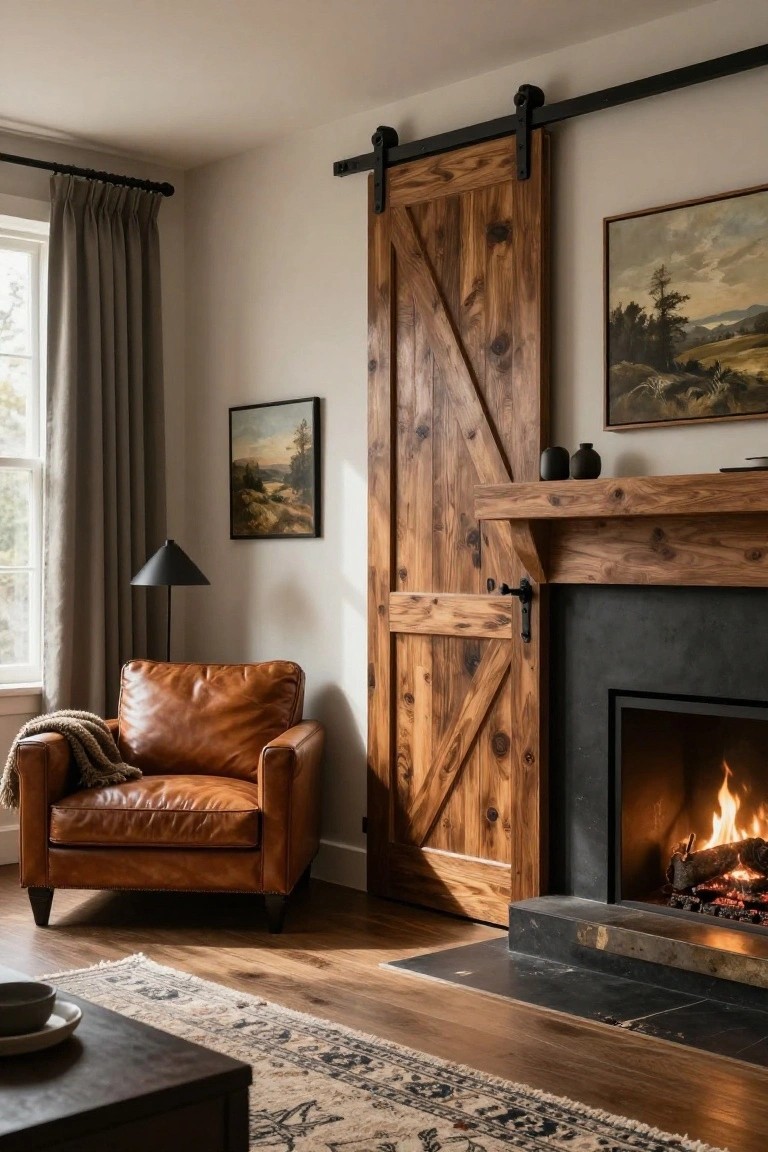 Cozy interior room with wooden sliding barn door next to black stone fireplace, tan leather armchair with gray throw blanket, two framed landscape paintings on white walls, black floor lamp, wood floors, and Persian-style rug.