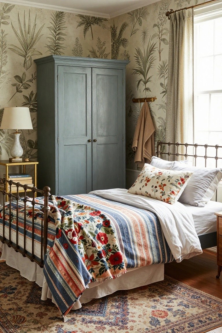 Cozy bedroom with beige palm frond wallpaper on walls, blue painted armoire, brass iron bed frame with colorful floral quilt and striped blanket, bedside lamp on gold table, and patterned rug on wood floor.