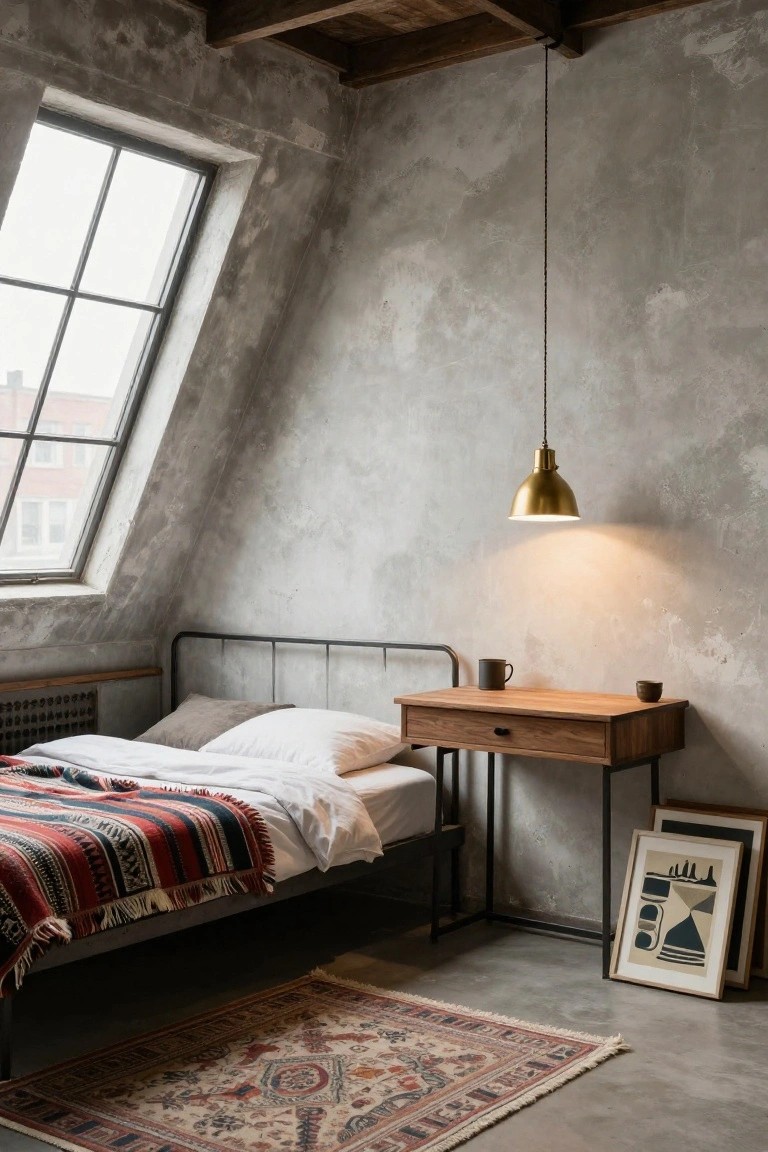 Bedroom with slanted exposed concrete walls, black metal bed frame holding white sheets and red woven blanket, wooden nightstand with mugs and leaning frames, patterned rug on concrete floor, hanging gold lamp, and skylight window.