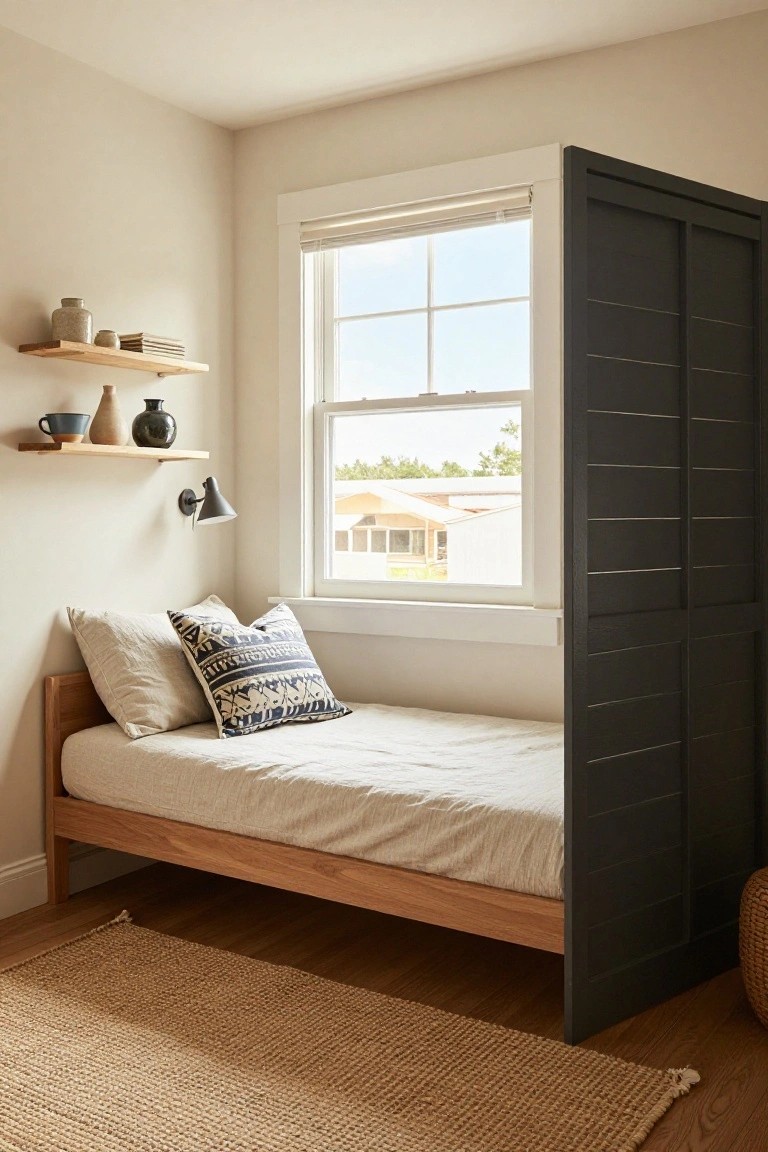Small bedroom with low wooden bed against tall black slatted screen divider, floating wooden shelves with pottery and books, window with blinds showing view outside, seagrass rug on wood floor.