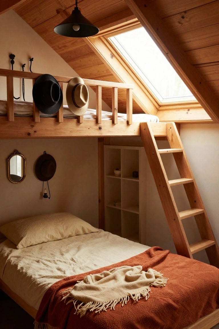 Wooden loft bed platform in an attic room with sloped ceilings, accessed by a ladder, hats hanging on the railing, skylight overhead, beige bed linens, and built-in shelves nearby.