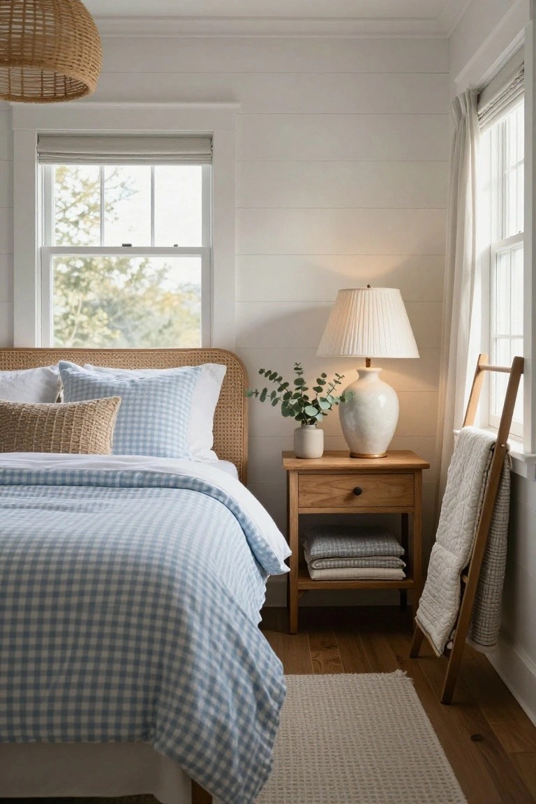 Bedroom interior with rattan headboard, blue gingham duvet and pillows, wooden nightstand holding a white lamp, eucalyptus stems, and a white vase, beside white shiplap walls, windows showing trees outside, and a ladder with quilts.