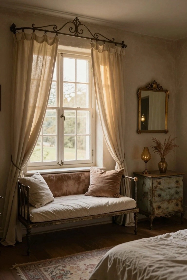 A vintage iron daybed with white and beige pillows sits under a tall multipane window with sheer linen curtains in a light beige bedroom corner, next to a distressed green dresser, gold mirror, and lamp.