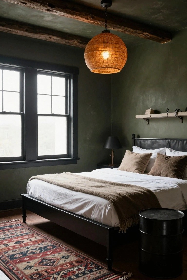 Bedroom with sage green textured walls, exposed dark wooden ceiling beams, rattan pendant light, black metal bed frame with leather headboard, beige pillows and throw on white sheets, black barrel side table, black lamp, wooden shelf, and red-and-blue patterned rug on wood floor.