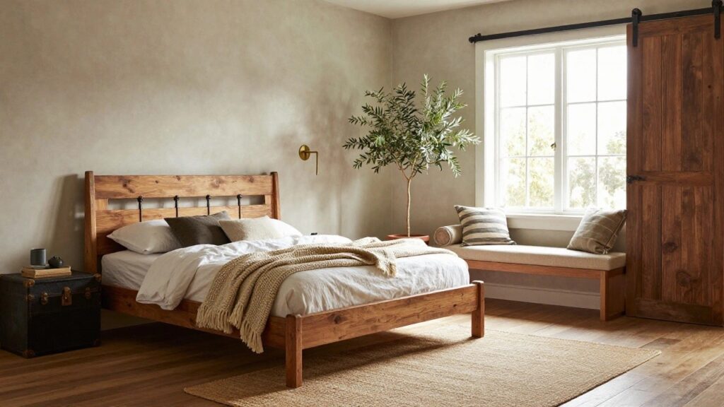 24 Cozy Rustic Bedroom Looks That Feel Like Home Bedroom interior featuring exposed dark wooden ceiling beams, beige plaster walls, wooden floors, black metal bed frame with white linens and beige throw, potted olive tree, side table, trunk, and large windows with sliding door to outdoor view.