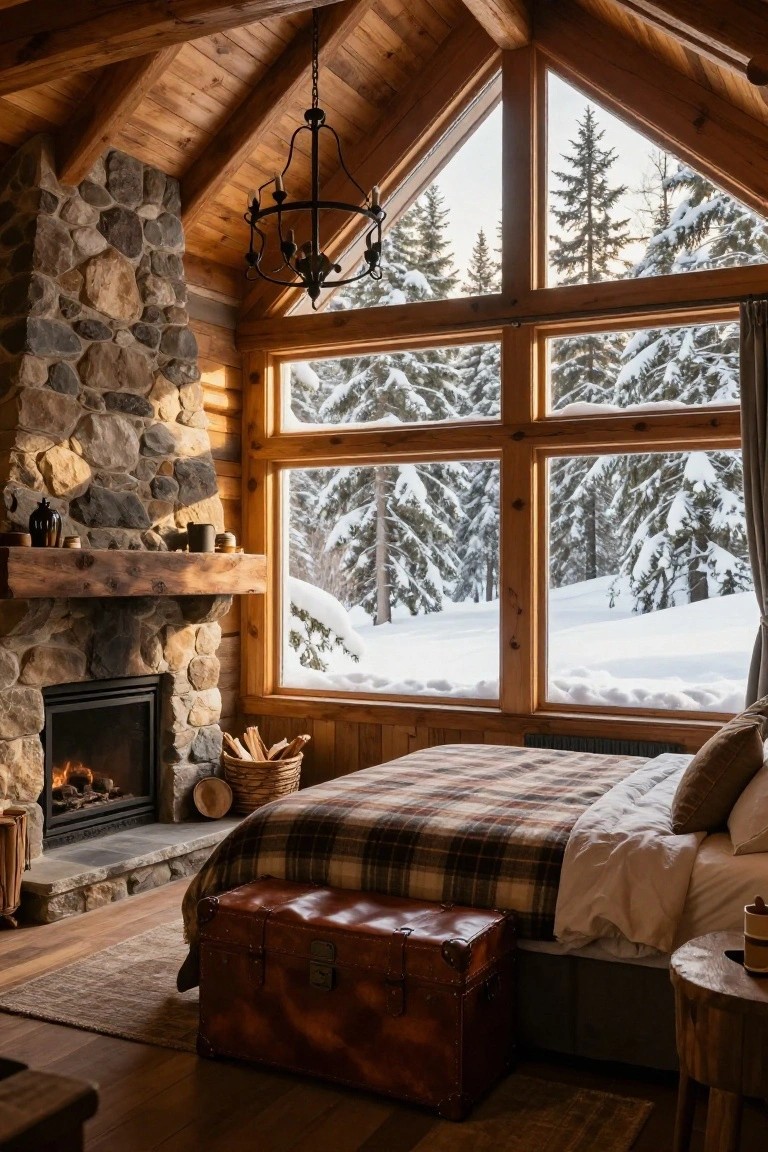 Rustic bedroom in a log cabin with vaulted wooden ceiling, stone fireplace, plaid bed, leather trunk at foot, and large windows showing snowy pine forest and hills.