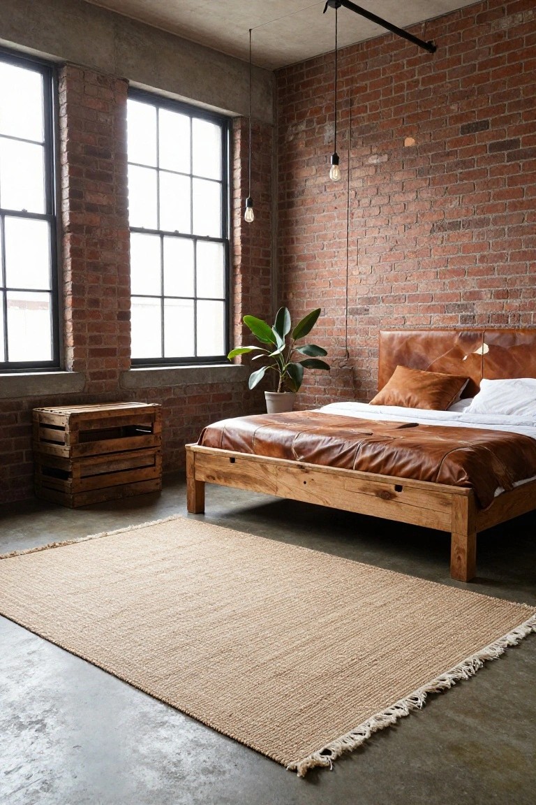 Cozy bedroom featuring a leather headboard bed, brick walls, a green plant, and a woven rug.