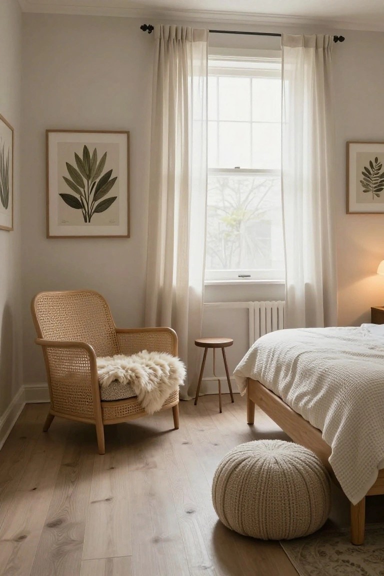 Beige bedroom interior with a rattan armchair topped by a white sheepskin throw, small wooden stool beside it, white bed with knit blanket, sheer curtains on a window, botanical art on walls, and light wood floors.
