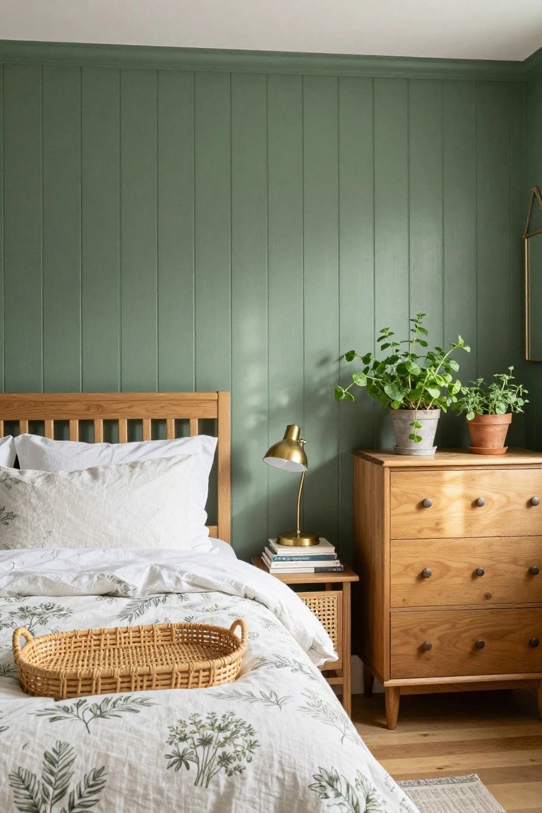 Bedroom with sage green painted vertical wood paneling on walls, oak bed frame with white botanical duvet and pillows, brass lamp on wooden nightstand with books, potted plants on dresser, and woven tray on bed.