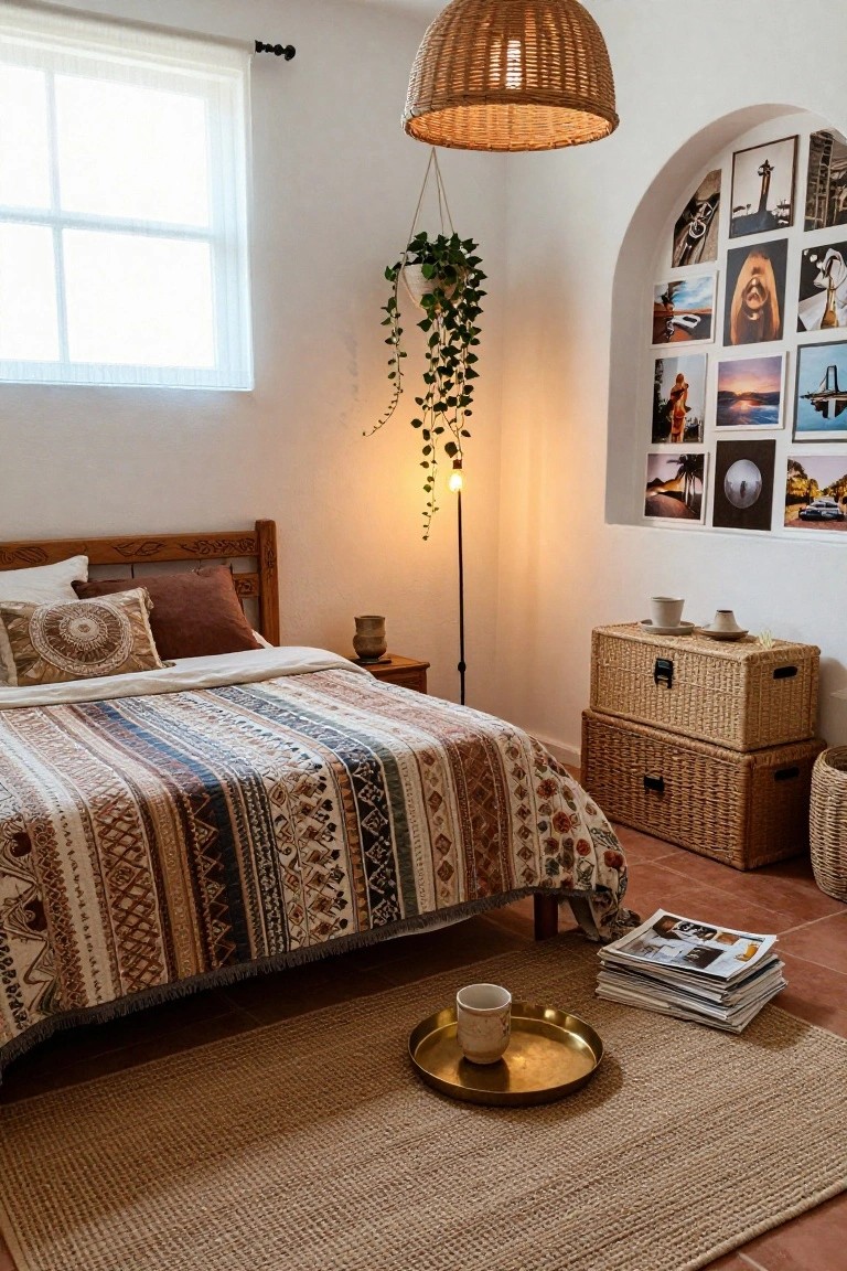 Bedroom with wooden bed frame, multicolored woven quilt and pillows, stacked wicker storage baskets beside it, hanging potted plant, floor lamp, and photo gallery in arched wall niche on terracotta tile floor with seagrass rug.