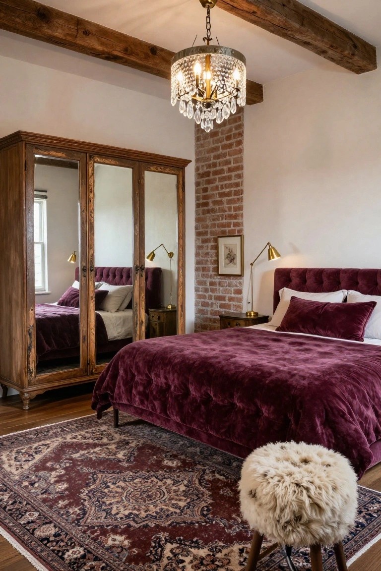 Bedroom interior with exposed wooden ceiling beams, brick accent wall, antique wooden wardrobe with mirrors, tufted burgundy velvet bed, brass desk lamp, crystal chandelier, fur ottoman, and patterned rug on hardwood floor.