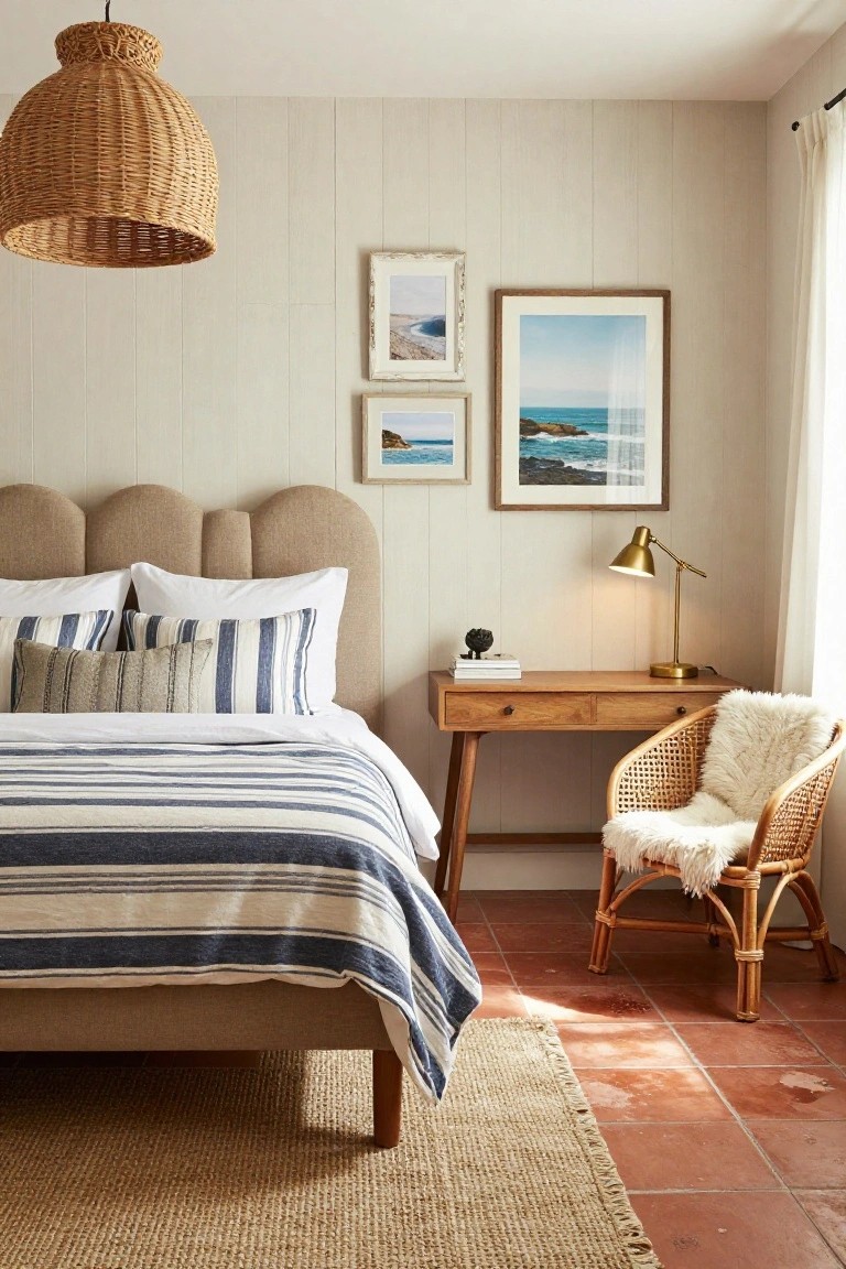 Cozy bedroom interior with curved beige tufted headboard, white and navy striped pillows and bedding, wooden desk with gold lamp and books, rattan chair draped with white sheepskin, wicker pendant light, seagrass rug on terracotta tile floor, light wood paneled walls, and framed ocean photos.