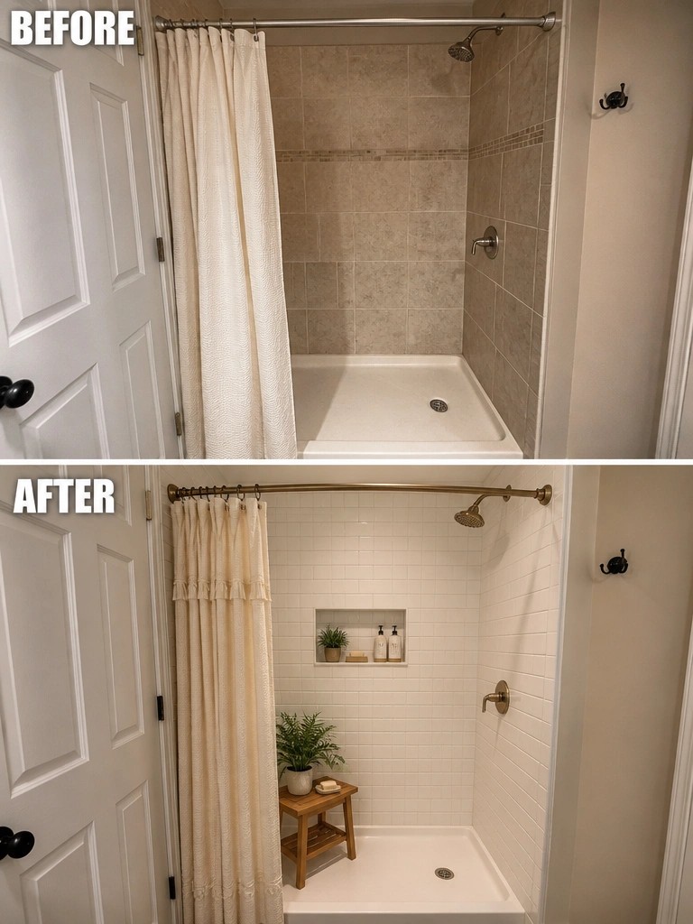 Before-and-after image of a bathroom shower changing from beige tile with a curtain to white subway tile with a recessed niche, brass fixtures, a stool, and plants.