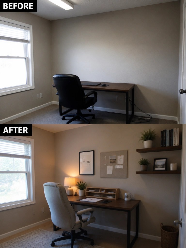 Before-and-after image of a plain office updated with a rug, layered lighting, wall art, shelves, and plants.