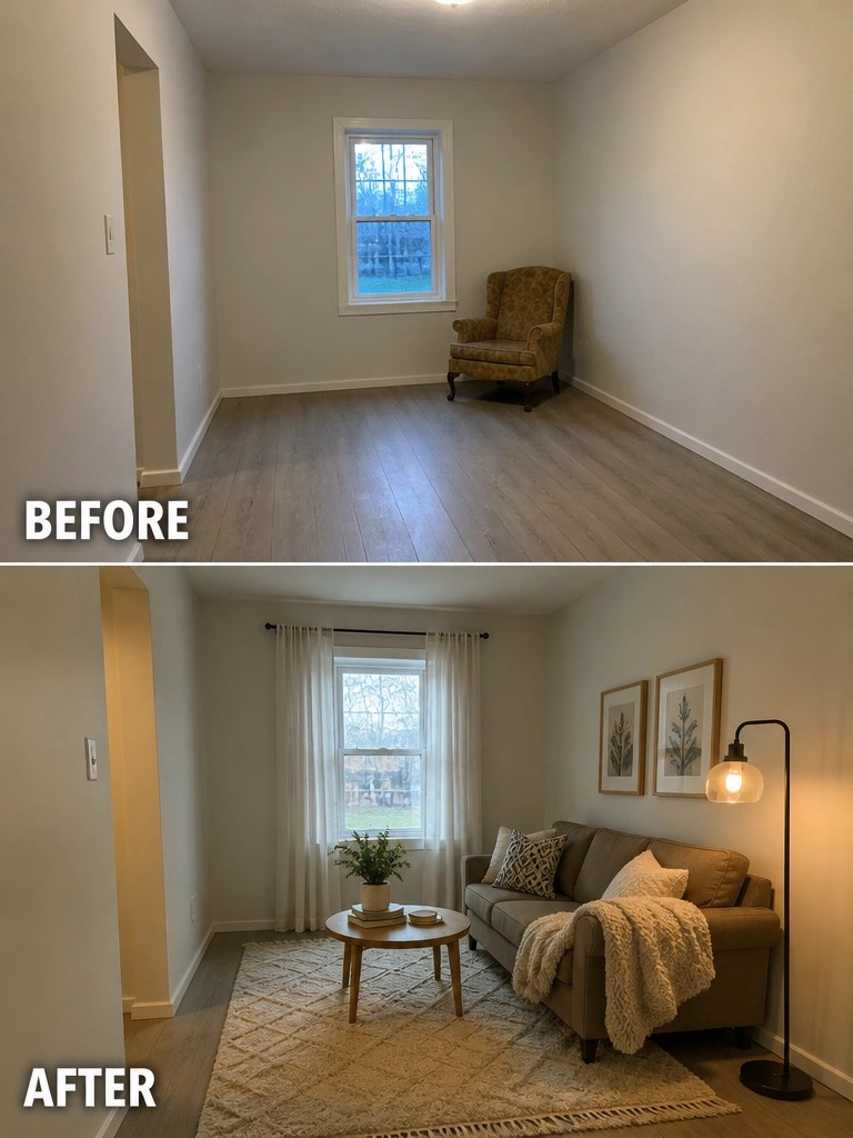 Before-and-after image of an empty room transformed into a furnished living space with a sofa, rug, curtains, and lamps.