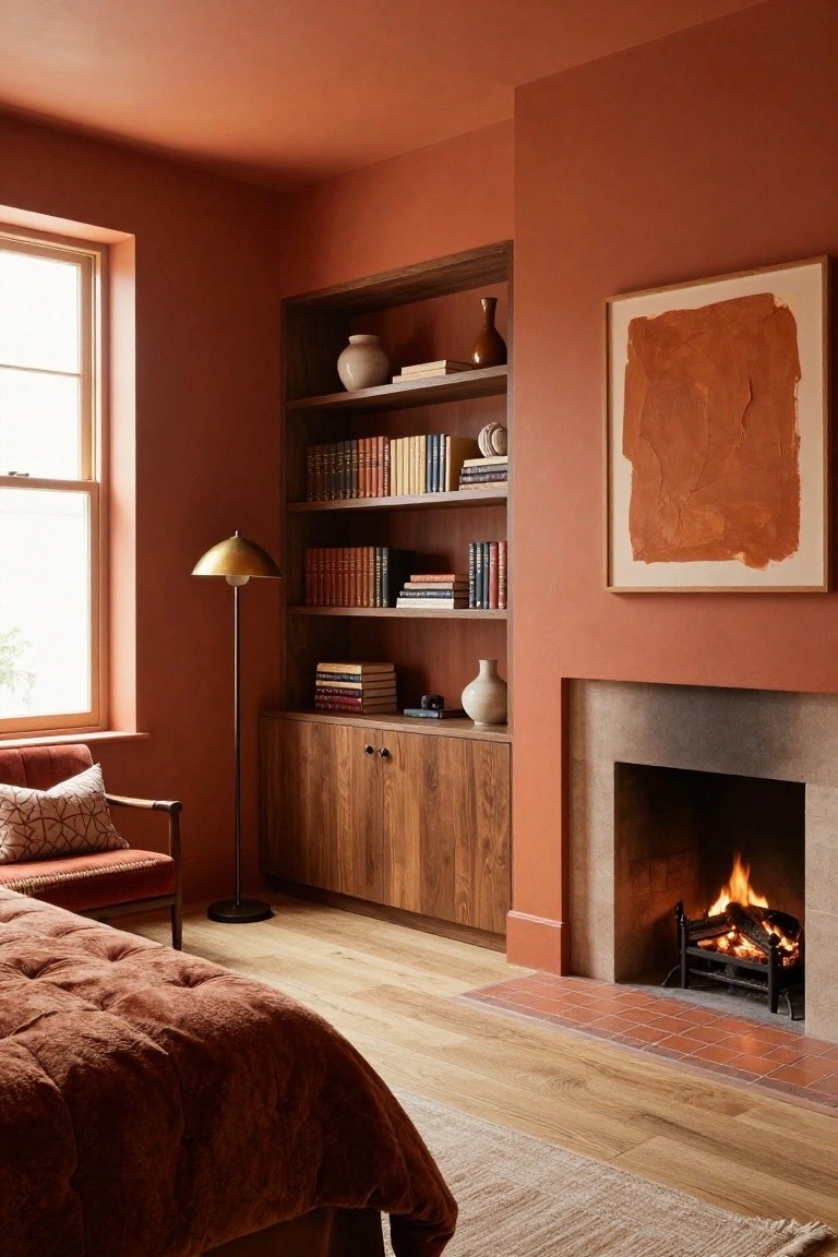 Bedroom corner with terracotta walls, walnut built-in open shelves stocked with books and ceramics, closed cabinets below, stone fireplace with burning logs, nearby tufted bed and armchair with gold floor lamp.