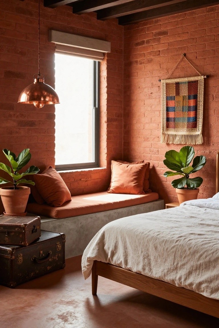 A cozy bedroom with exposed terracotta brick walls, wooden bed frame with white linens, built-in window seat with orange cushions, two potted fiddle leaf fig plants, copper pendant lamp, woven wall hanging, and stacked vintage leather suitcases on the terracotta floor.