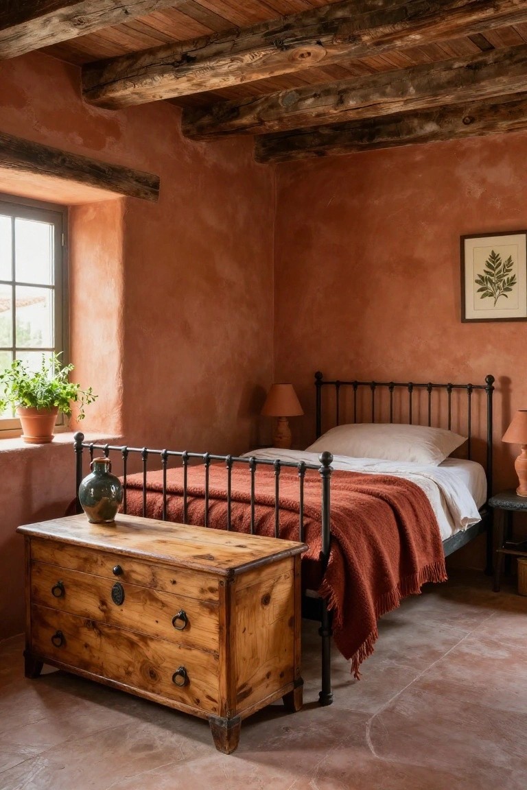 A cozy bedroom with terracotta plaster walls and floor tiles, dark exposed wooden beams on the ceiling, black iron bed draped in a red blanket, wooden chest beside it, green plant in a pot by the window, and two terracotta lamps.