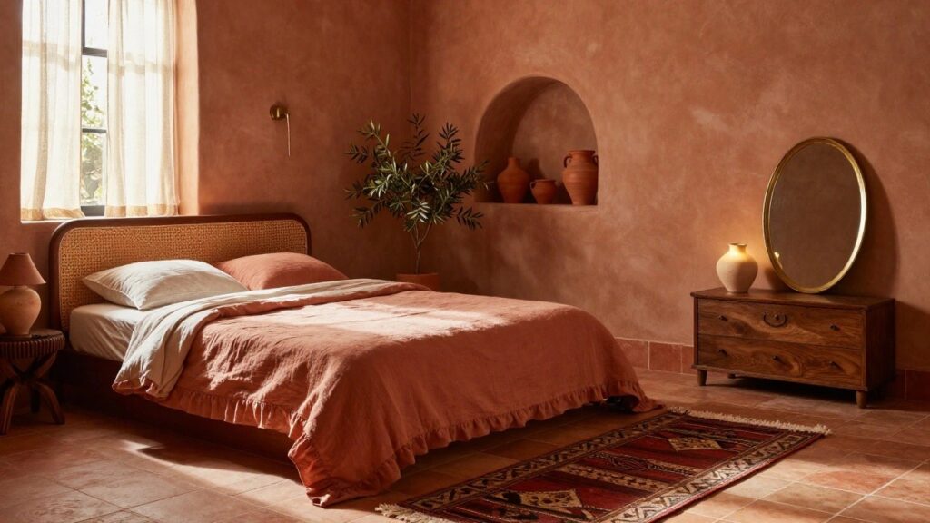 Bedroom with rattan headboard bed on terracotta tile floor, low wood dresser, stacked terracotta pots, large round gold mirror, and window with sheer linen curtains.