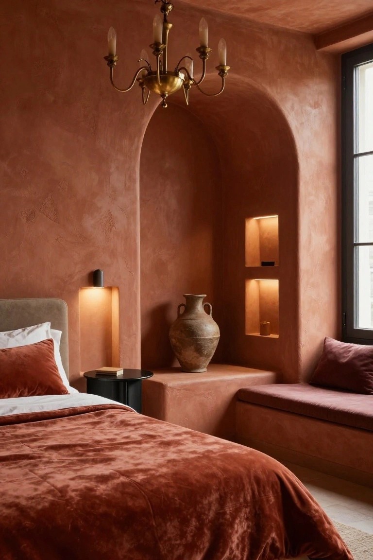 Bedroom interior with textured terracotta walls, an arched wall recess containing lit niches with a terracotta vase and candle, a built-in bench, velvet-upholstered bed, side table, and brass chandelier.