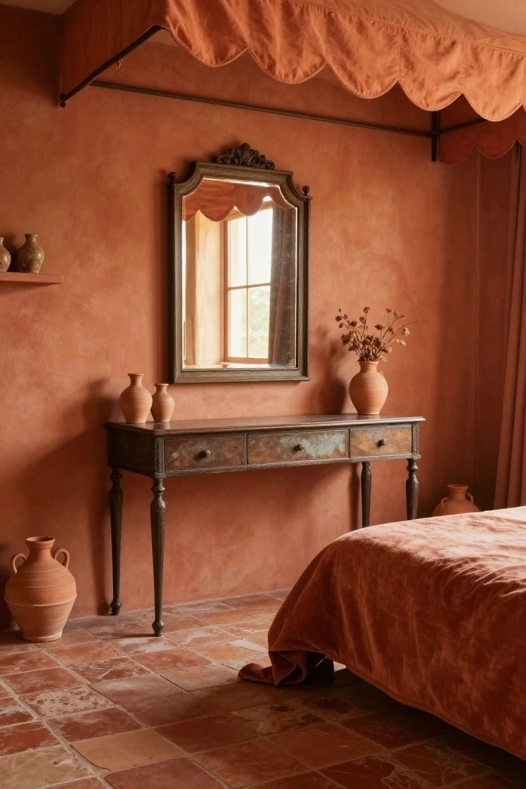 Bedroom with terracotta textured plaster walls, wooden console table holding two small terracotta pots, ornate mirror reflecting window, larger terracotta vase nearby, bed with rust-colored linens, and terracotta tile floor.