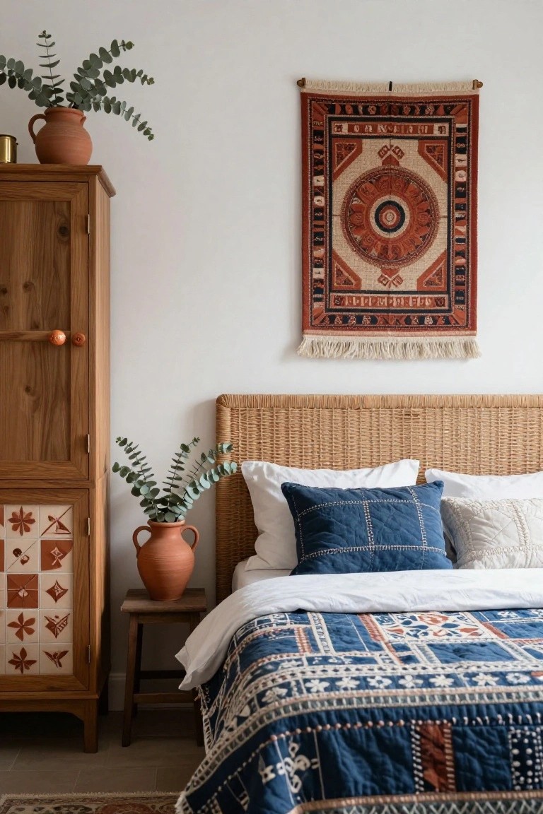 Bedroom interior with rattan headboard bed dressed in white sheets and blue quilt, wooden wardrobe with terracotta tile designs, two terracotta pots holding eucalyptus branches, woven tapestry wall hanging, and hardwood floor with small rug.