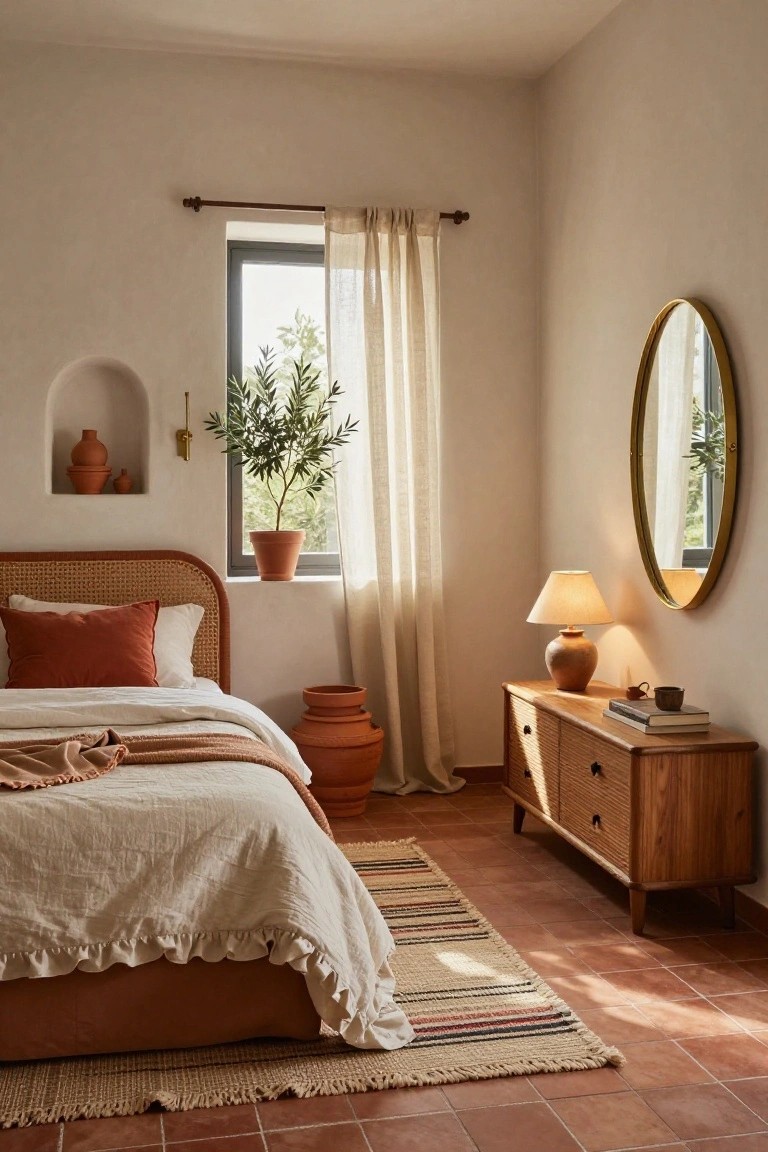 Bedroom with rattan headboard bed on terracotta tile floor, low wood dresser, stacked terracotta pots, large round gold mirror, and window with sheer linen curtains.