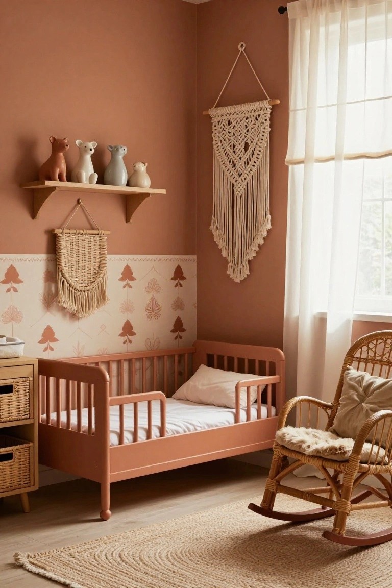 A terracotta-painted nursery bedroom with a wooden crib, rattan rocking chair with cushions, macrame and woven wall hangings, animal figurines on a wall shelf, sheer curtains at the window, and a seagrass rug on wood floors.