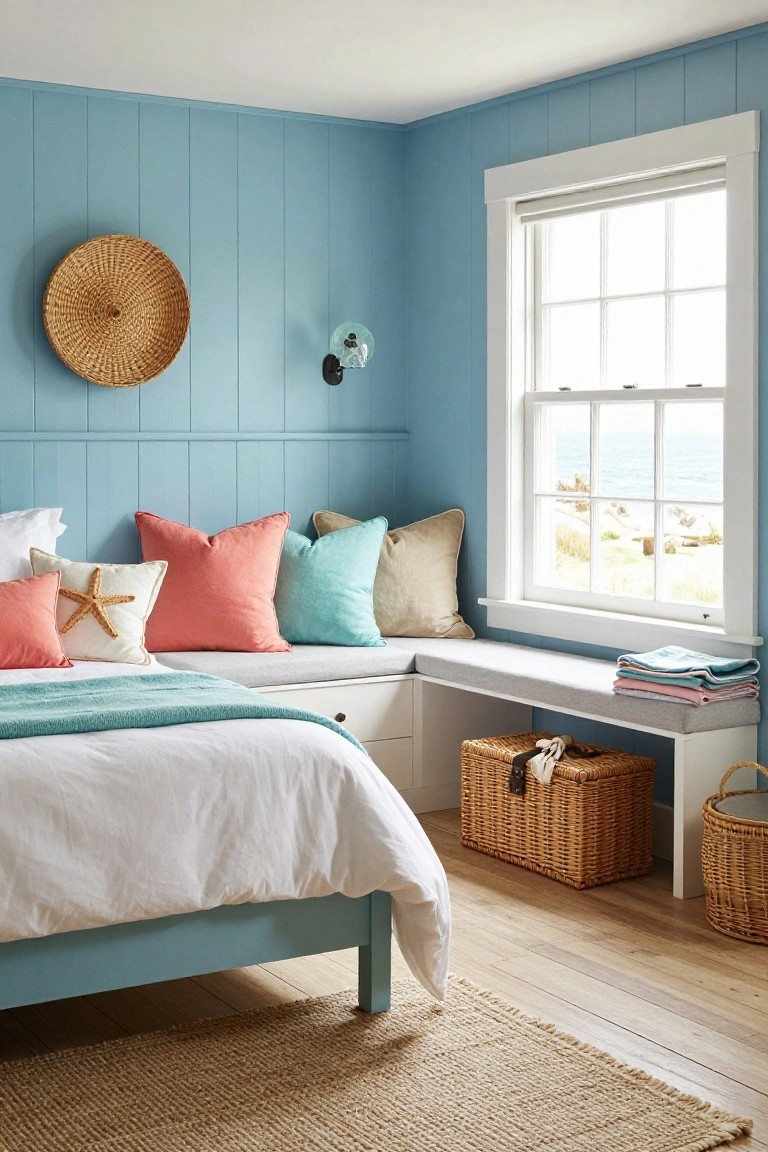 Blue paneled bedroom with white bed, built-in window seat stacked with colorful pillows in pink teal beige and white, wicker baskets, blankets, and ocean view through large window.