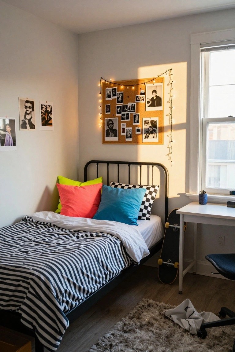 A small bedroom with a black metal bed frame holding black-and-white striped duvet and layered colorful throw pillows in pink, green, turquoise, and checkered patterns, a white desk with skateboard nearby, corkboard photo wall with string lights, and window light in the background.