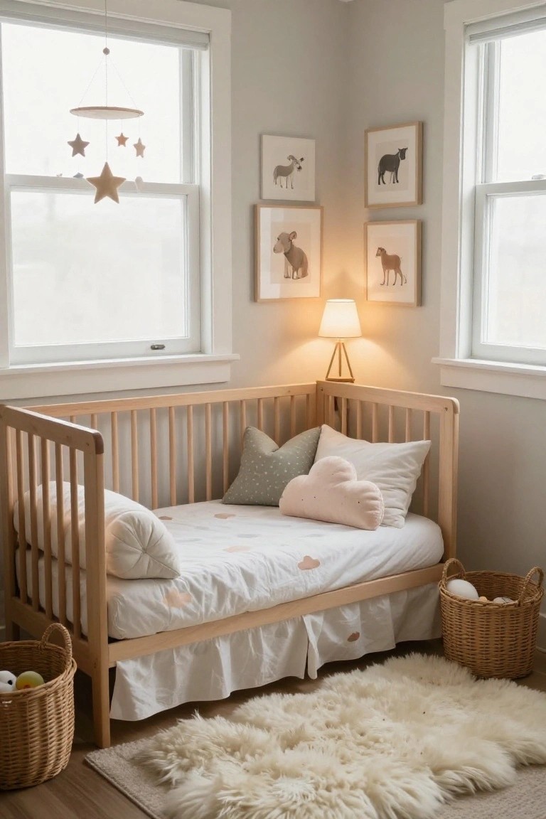 Corner view of a light gray nursery with a wooden crib containing white cloud-patterned bedding, pink heart pillow, green pillows, fluffy white rug, wicker baskets with toys, animal artwork on walls, star mobile above window, and table lamp.
