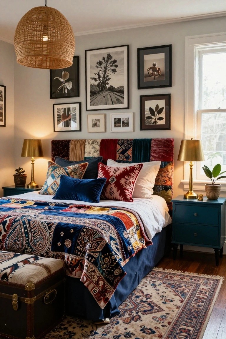 Bedroom featuring a patchwork fabric headboard, assorted colorful patterned throw pillows on a paisley bedspread, two navy nightstands with gold lamps, eclectic framed artwork on walls, and a woven pendant light.