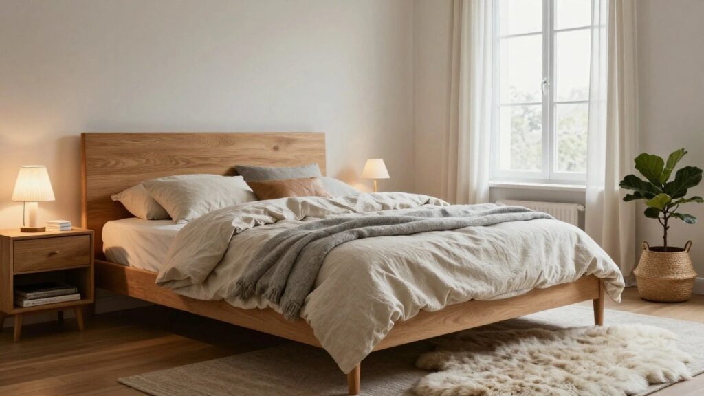 A light wood platform bed in a white bedroom with layered white linen bedding and pillows in gray wool, tan leather, and white, next to a wooden nightstand with lamp, a potted fiddle leaf fig plant, radiator under the window with sheer curtains, sheepskin rug, and woven basket on hardwood floor.