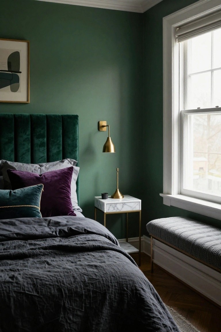 Layer Jewel-Tone Velvet Pillows on Dark Bedding