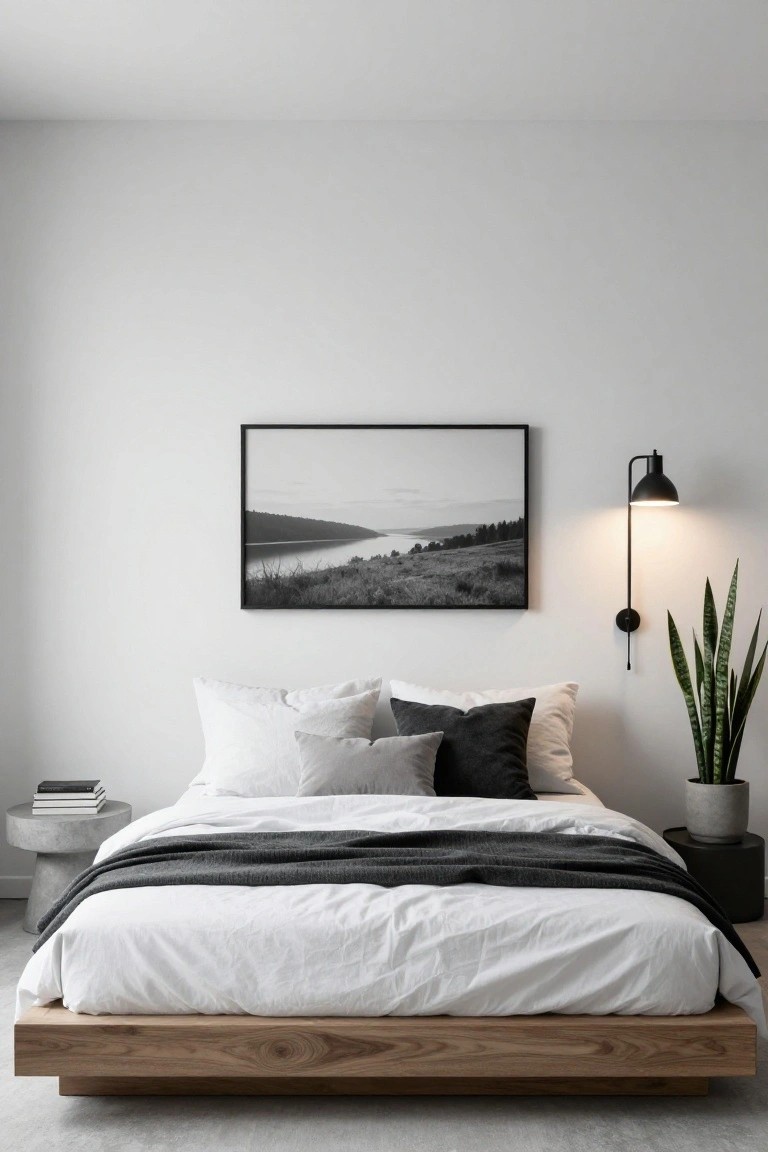 Minimalist bedroom with low wooden platform bed draped in white sheets and dark gray blanket, layered white gray and black pillows, concrete bedside tables one with stacked books and the other with potted snake plant, black wall lamp lit beside large black-framed black-and-white landscape photo on white wall.
