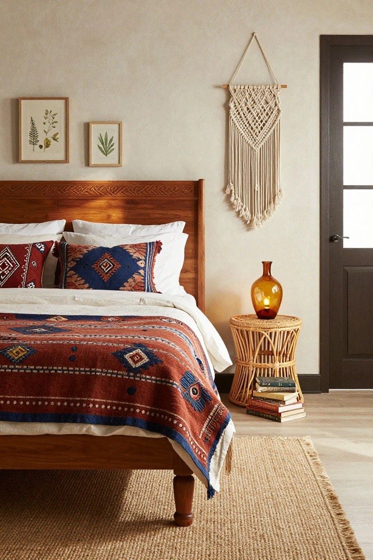 Bedroom with wooden headboard, white bedding layered with red and blue patterned throw pillows, two botanical prints on wall, macrame hanging, rattan side table holding amber glass lamp and books.