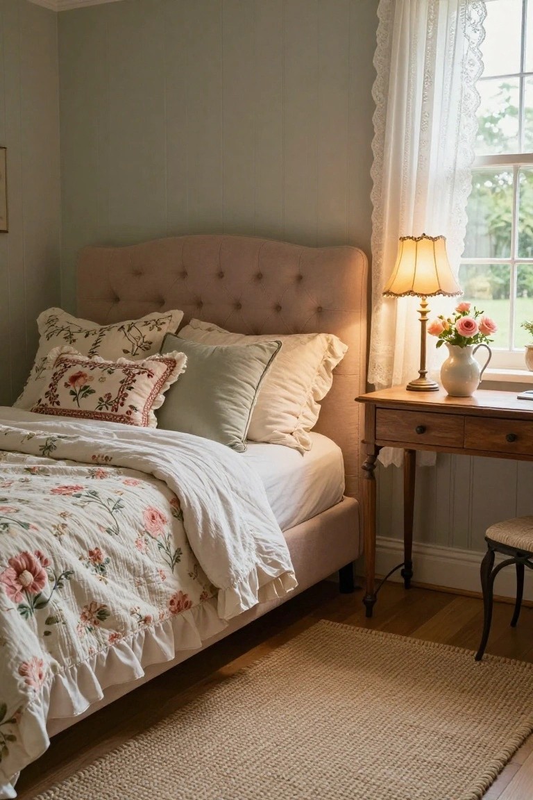 Cozy bedroom corner featuring a pink tufted upholstered headboard bed with multiple layered throw pillows in floral patterns and ruffles, a wooden desk holding a lamp and vase of pink roses, lace-curtained window, and jute area rug on hardwood floor.