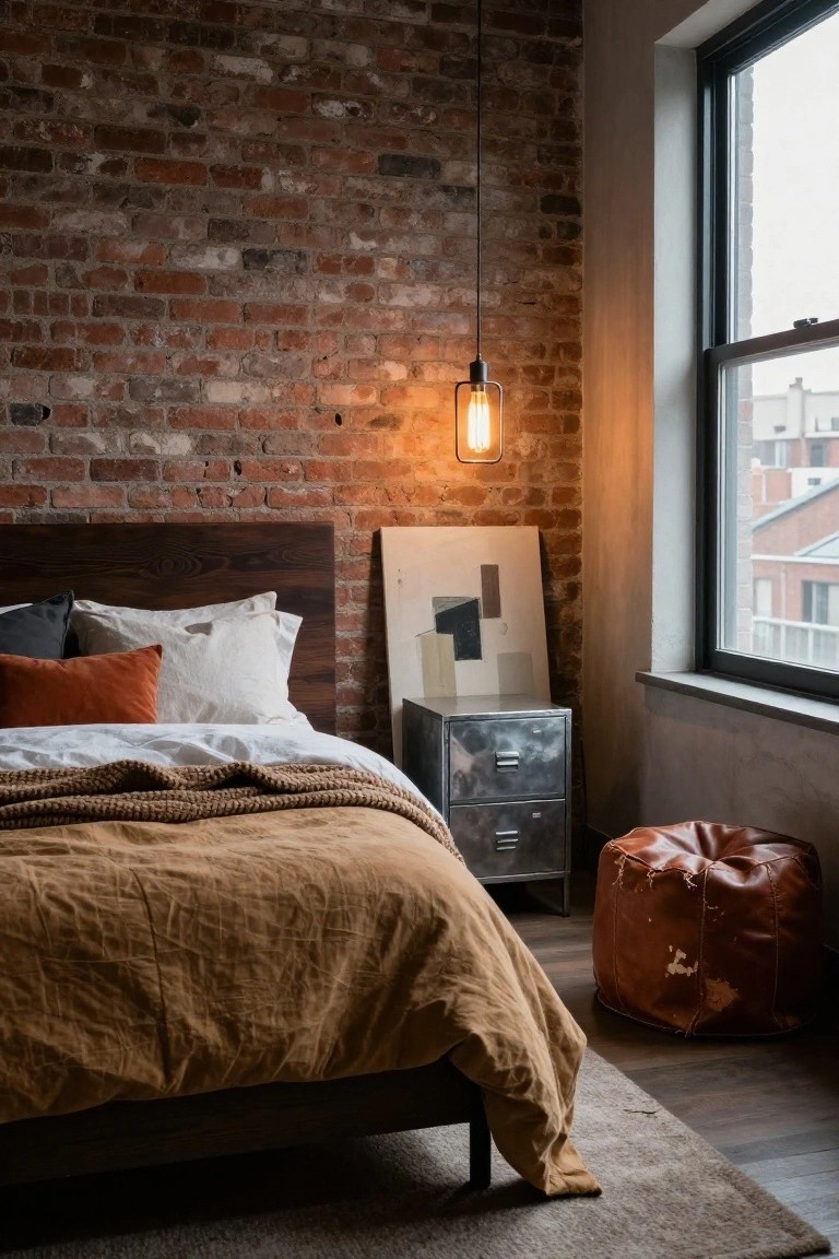 Bedroom corner with exposed brick walls, wooden platform bed, white bedding draped with a knit throw and orange, gray, and white pillows, metal dresser, abstract canvas, pendant light, and large window.