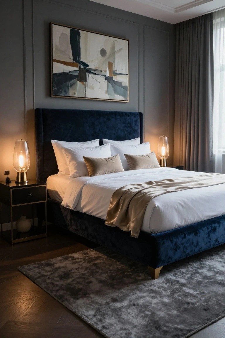 A bedroom with navy velvet upholstered bed frame, white bedding topped with beige pillows, two glass lamps on black nightstands, abstract painting on gray paneled wall, and hardwood floor with gray rug.