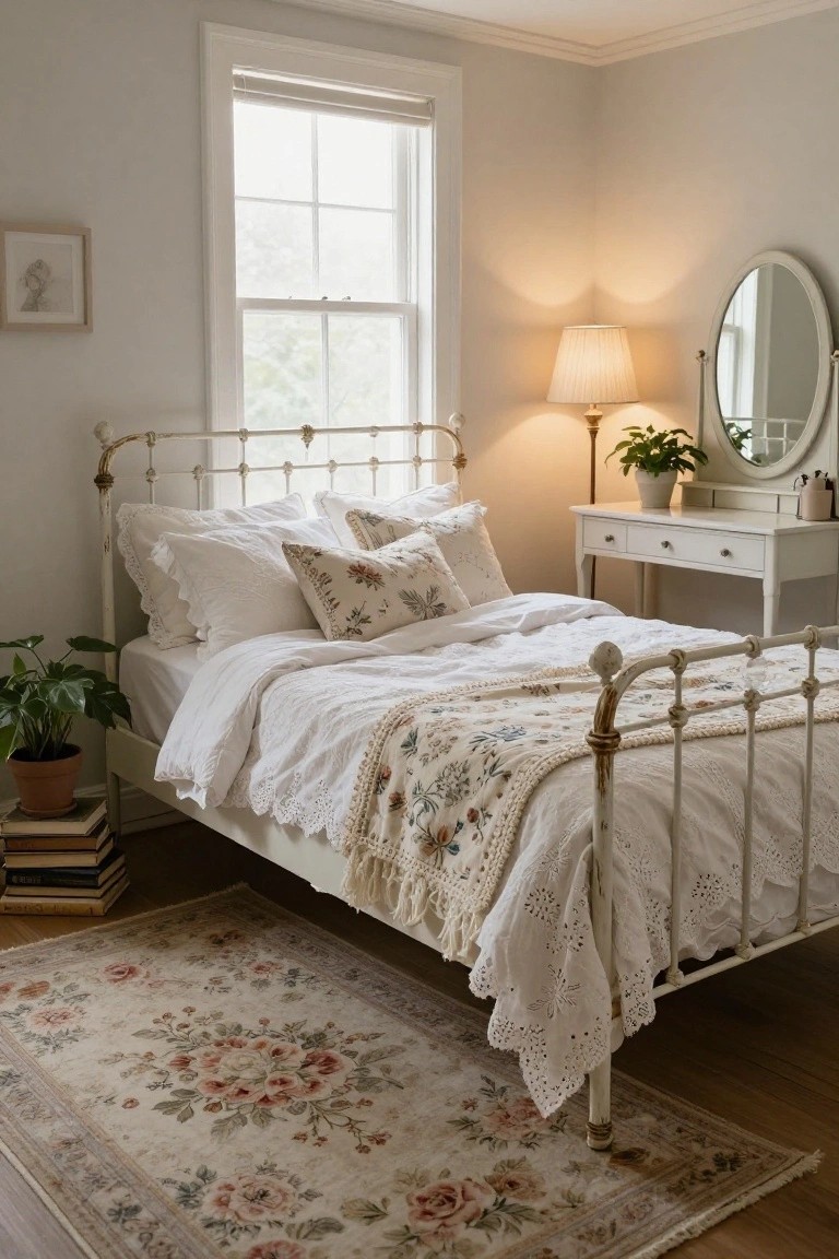 Bedroom with white iron bed covered in layered white ruffled pillows and floral shams, next to a white vanity mirror, potted plants, books, and a beige floral rug on hardwood floor.