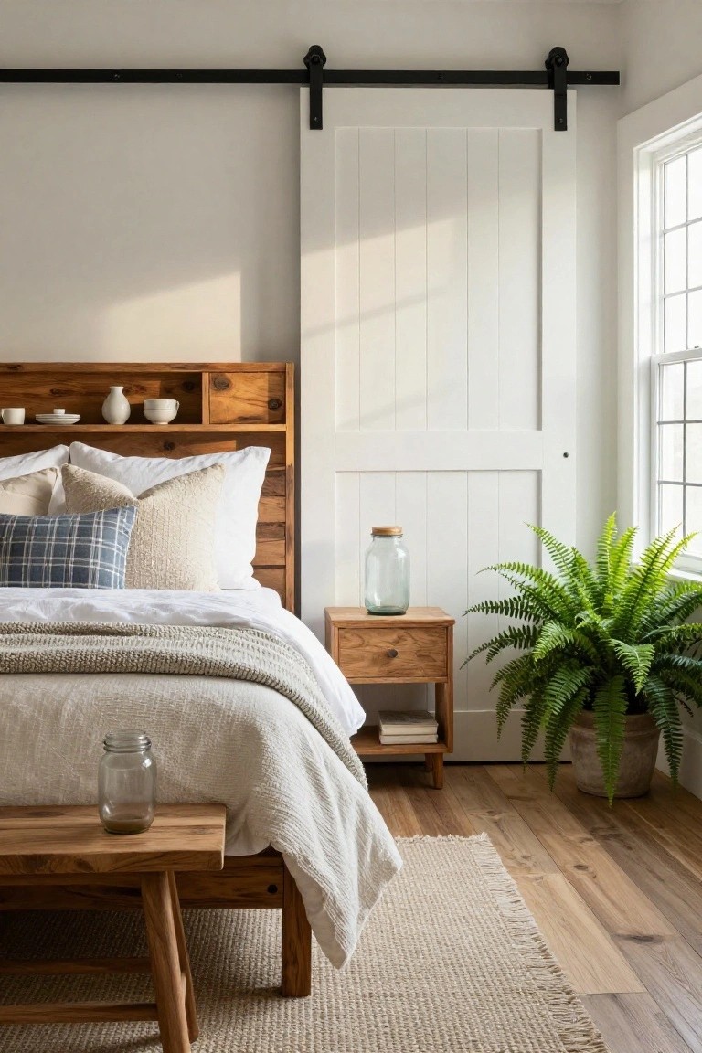 Bedroom interior featuring a wooden headboard with built-in shelves holding ceramics, a bed layered with white, beige textured, and plaid throw pillows on white bedding, wooden nightstand with a plant and jar, bench at bed foot, white sliding barn door, and window.