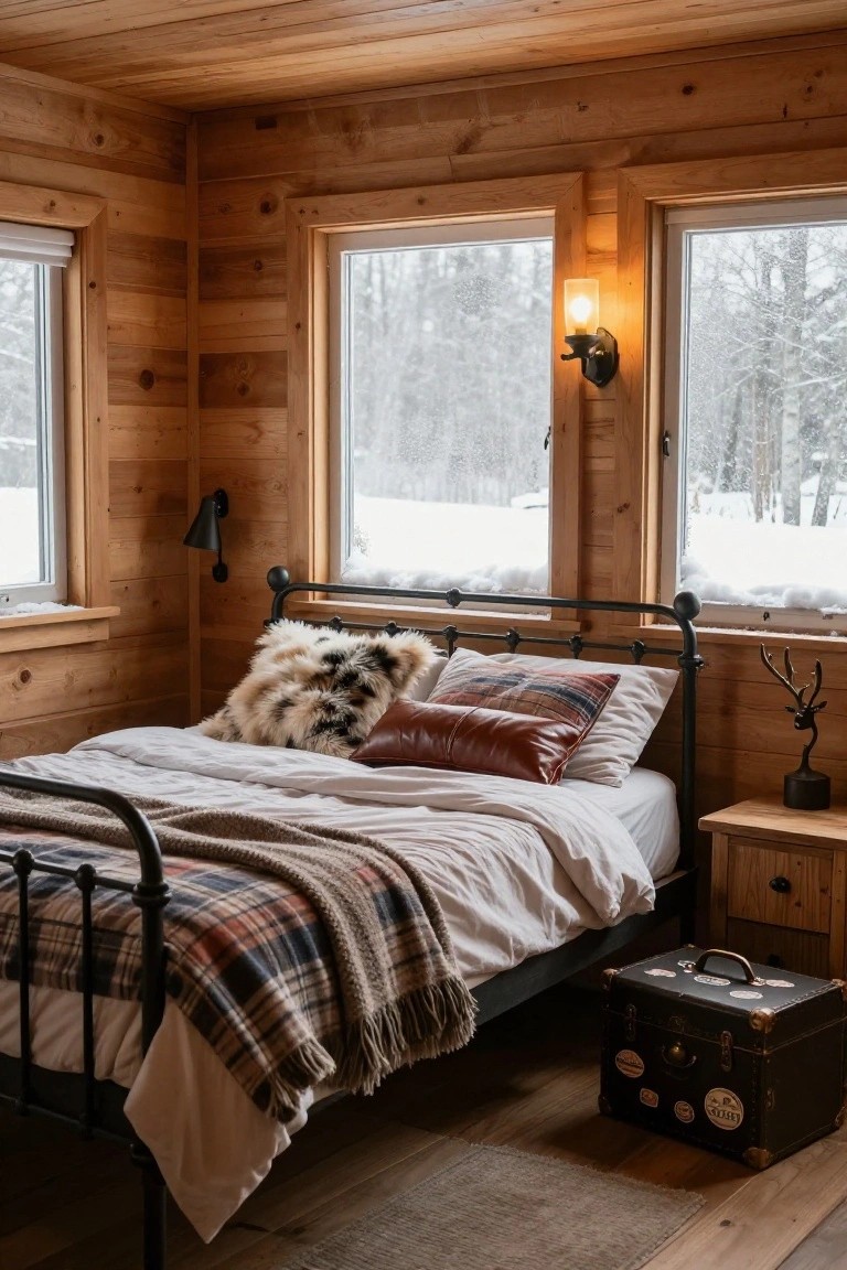 Bedroom interior in a log cabin with wood-paneled walls and ceiling, large windows overlooking snowy woods, black iron bed with white sheets and layered throw pillows including fluffy fur, leather, and plaid ones, wooden nightstand, antler sculpture, and vintage suitcase on the floor.