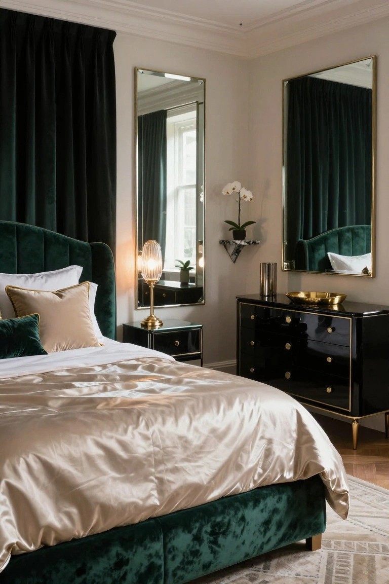 Emerald green velvet upholstered bed with layered white, peach, and green throw pillows in a bedroom with black dresser, gold accents, large gold-framed mirrors, and green velvet curtains.