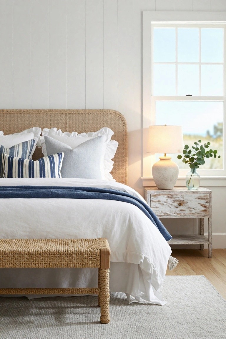 Bedroom with rattan headboard bed covered in white linens and layered throw pillows including ruffled white, navy striped, and gray ones, beside distressed white nightstand holding ceramic lamp and glass vase of eucalyptus, large window with ocean view, rattan bench at bed foot, and light wood floor with gray rug.