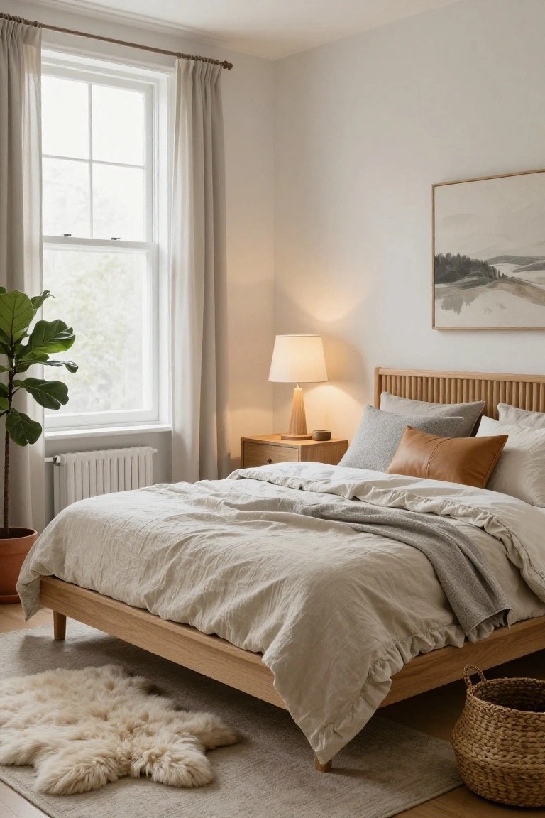 A light wood platform bed in a white bedroom with layered white linen bedding and pillows in gray wool, tan leather, and white, next to a wooden nightstand with lamp, a potted fiddle leaf fig plant, radiator under the window with sheer curtains, sheepskin rug, and woven basket on hardwood floor.