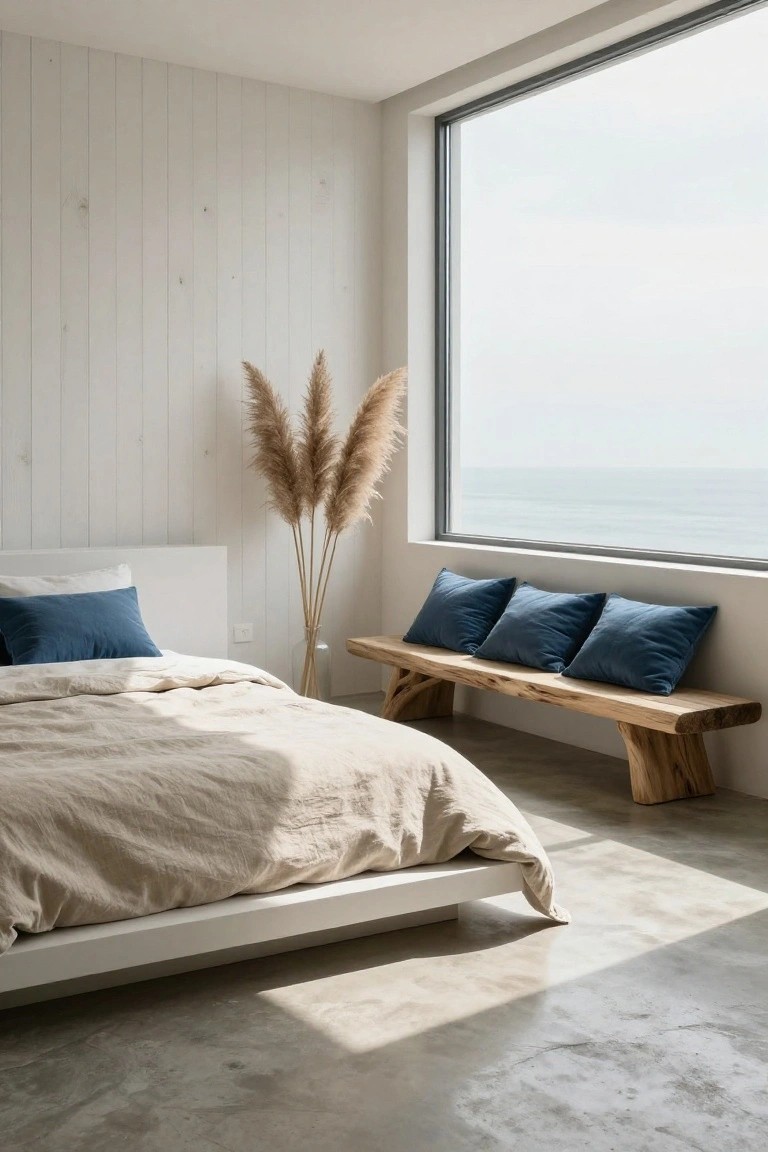 Minimalist bedroom with white platform bed covered in beige linen sheets and pillows, navy blue velvet throw pillows on bed and wooden bench, tall pampas grass vase, large window with ocean view, white wood-paneled walls, and polished concrete floor.