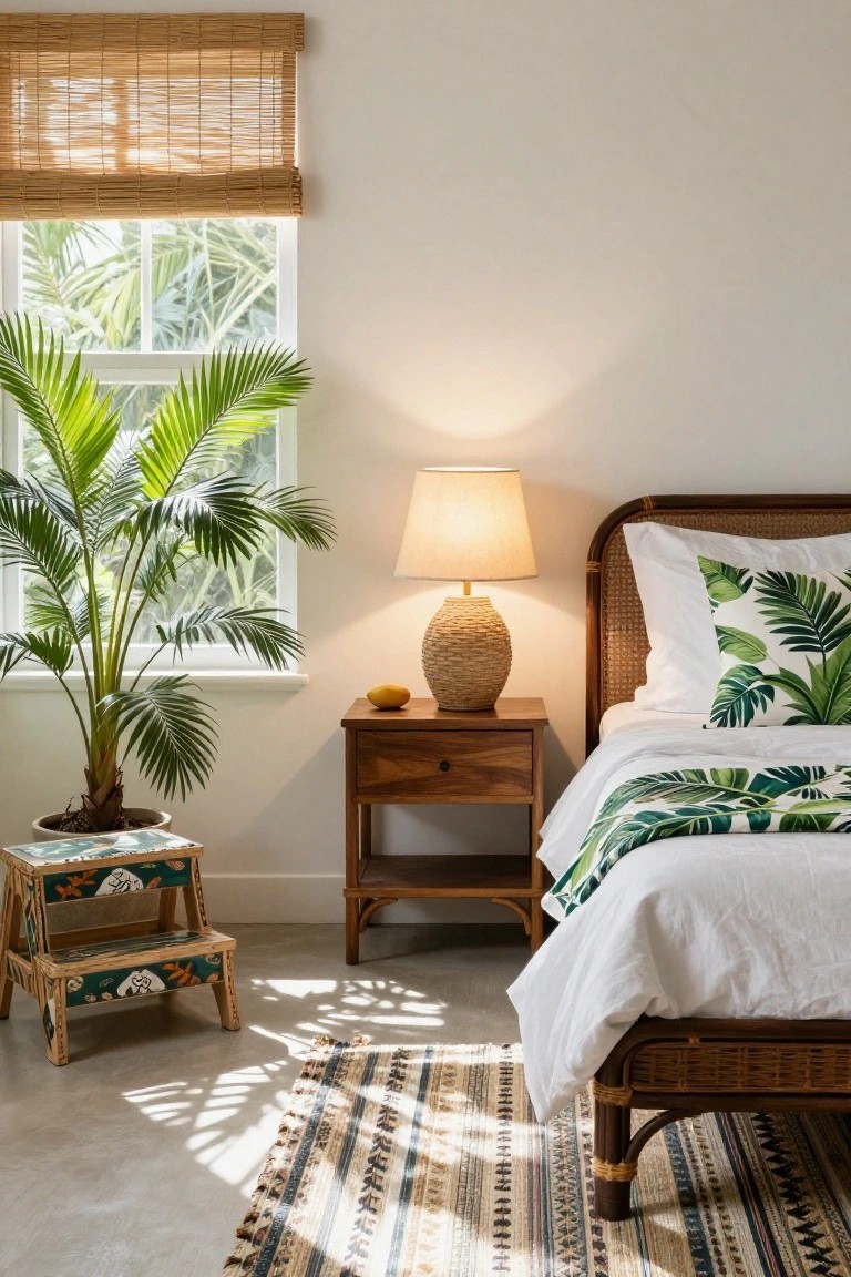 Bedroom with rattan bed frame, white bedding and green palm leaf throw pillows and duvet cover, wooden nightstand with woven lamp and mango, potted palm plant near window with bamboo blinds, and striped rug on concrete floor.