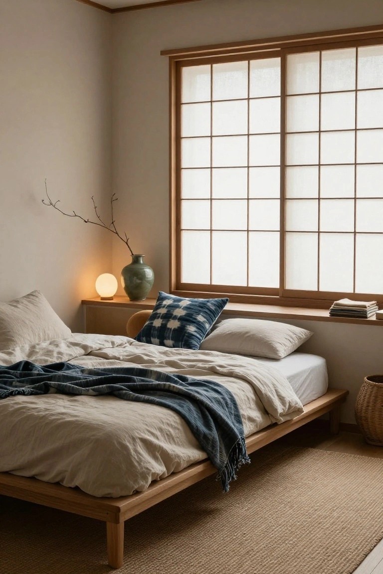 Cozy bedroom with low wooden platform bed covered in beige linens and blue checkered throw pillow, beside shoji window, green vase on shelf, and woven basket.