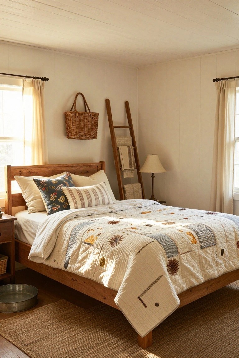 A sunlit bedroom with white shiplap walls, a wooden bed topped by a colorful patchwork quilt and layered pillows including a blue floral one and striped sham, a ladder holding towels nearby, and sheer curtains on windows.