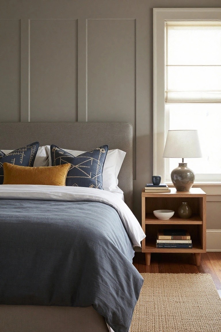 Bedroom featuring gray paneled walls, upholstered gray headboard, white sheets under navy and mustard patterned throw pillows, wooden nightstand with lamp, books, ceramics, and a window with shades.
